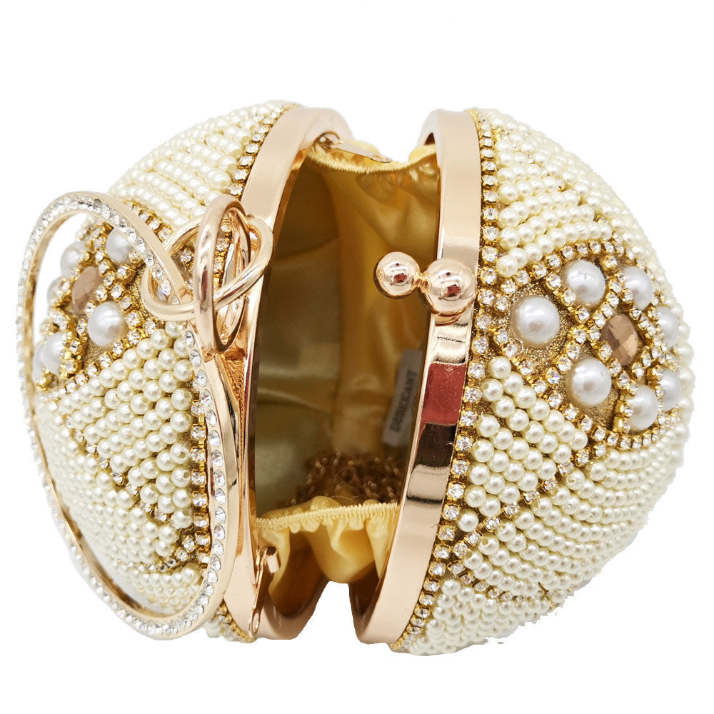 Luxury Pearl Beaded Round Clutch – Elegant Hard Shell Banquet & Party Handbag
