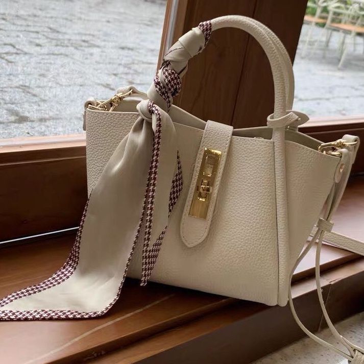 Elegant Ivory Litchi-Pattern Handbag with Gold Lock & Silk Scarf Strap