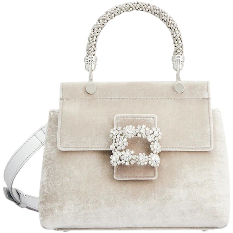 Luxury Velvet Handbag with Flower Diamond Buckle – Elegant Retro Small Square Bag