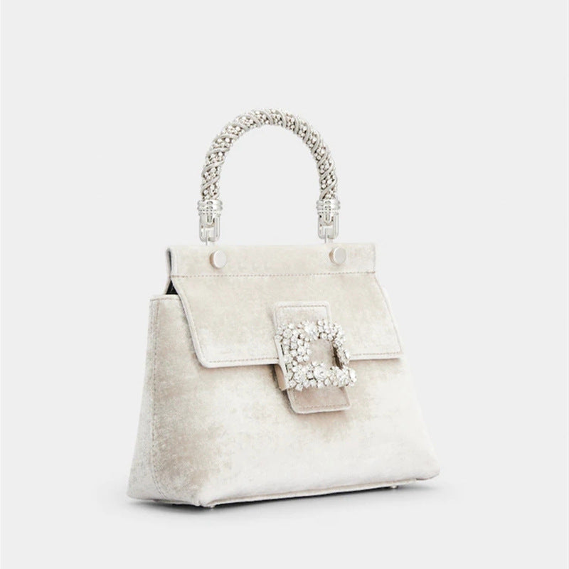Luxury Velvet Handbag with Flower Diamond Buckle – Elegant Retro Small Square Bag