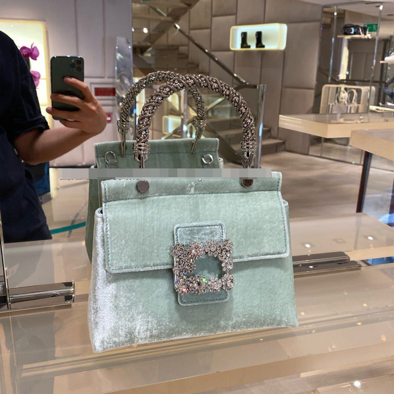 Luxury Velvet Handbag with Flower Diamond Buckle – Elegant Retro Small Square Bag