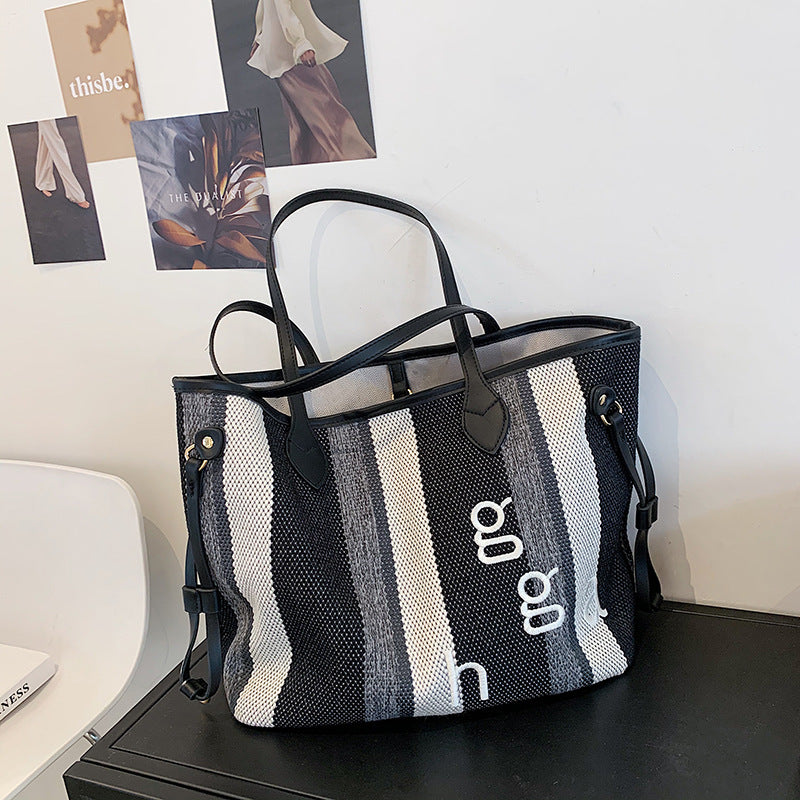 Striped Canvas Luxury Tote – Korean Style Large Shoulder Bag