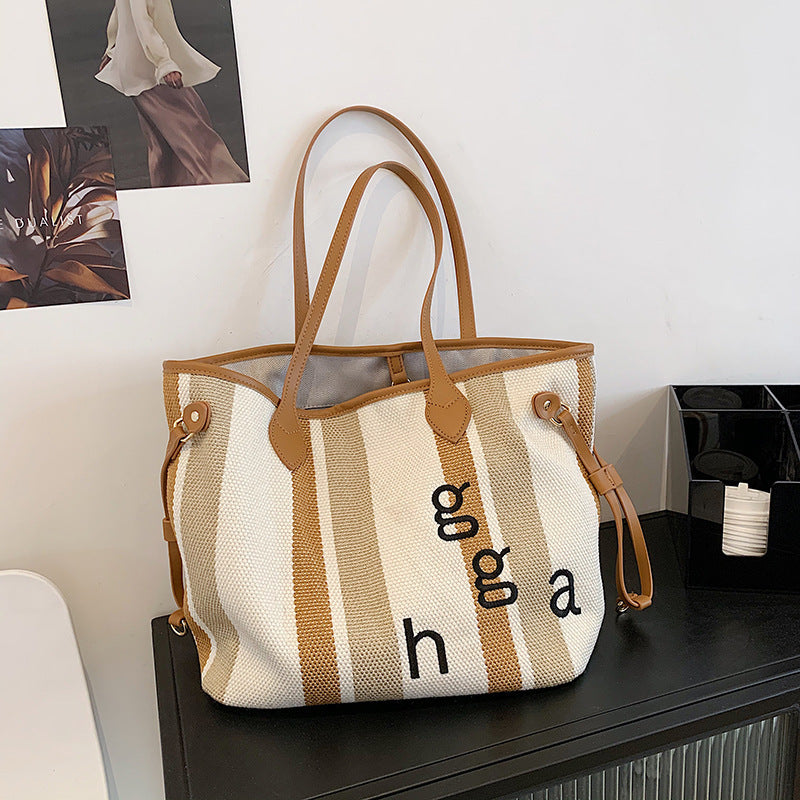 Striped Canvas Luxury Tote – Korean Style Large Shoulder Bag