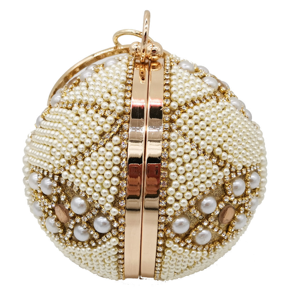 Luxury Pearl Beaded Round Clutch – Elegant Hard Shell Banquet & Party Handbag