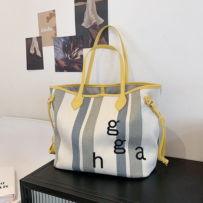 Striped Canvas Luxury Tote – Korean Style Large Shoulder Bag