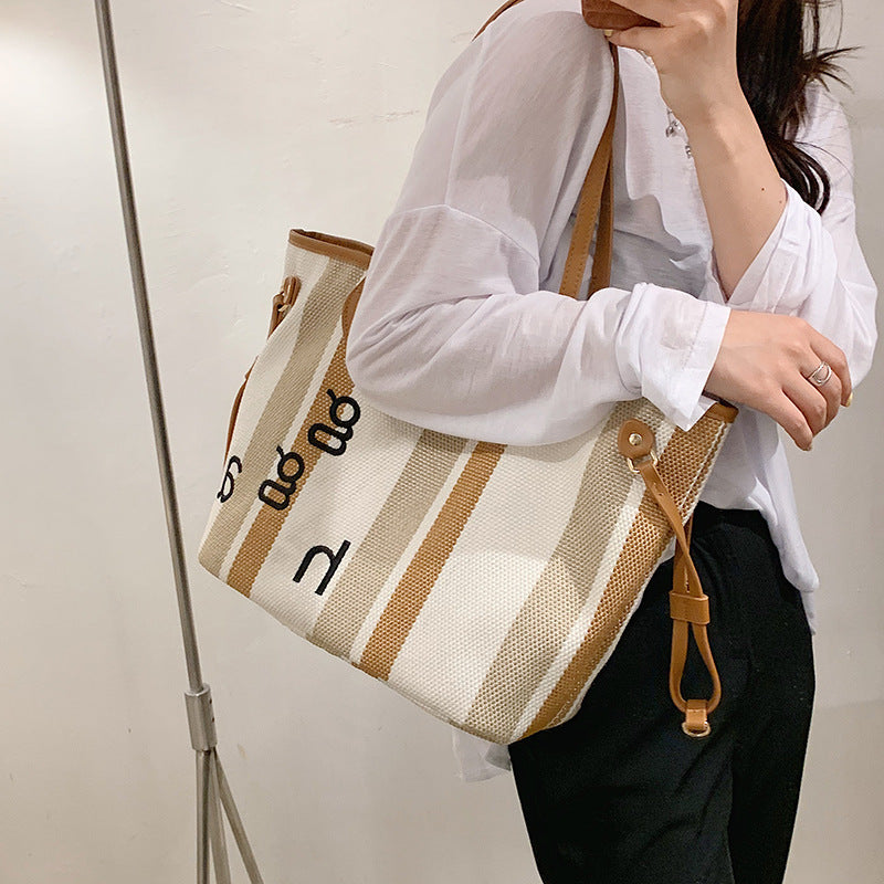 Striped Canvas Luxury Tote – Korean Style Large Shoulder Bag