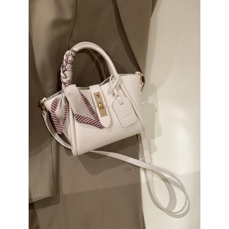 Elegant Ivory Litchi-Pattern Handbag with Gold Lock & Silk Scarf Strap