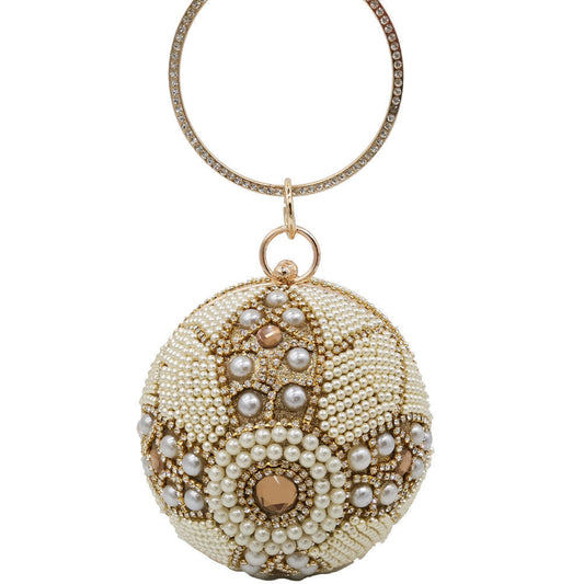 Luxury Pearl Beaded Round Clutch – Elegant Hard Shell Banquet & Party Handbag
