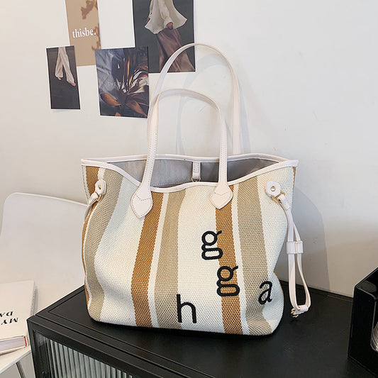 Striped Canvas Luxury Tote – Korean Style Large Shoulder Bag