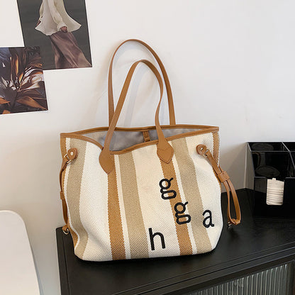 Striped Canvas Luxury Tote – Korean Style Large Shoulder Bag