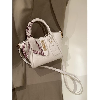 Elegant Ivory Litchi-Pattern Handbag with Gold Lock & Silk Scarf Strap
